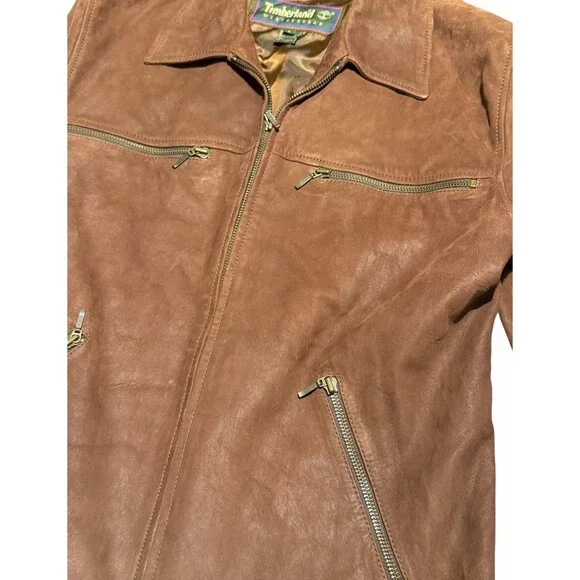 Timberland Rugged Durable 100% Genuine Leather Jacket Men's Size Small Tan Brown